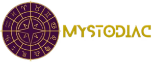 Mystodiac logo with zodiac wheel design, representing astrology, spiritual products, and healing crystals